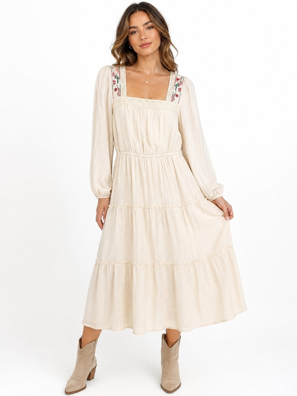 Indigo Rose Bohemian Embroidered Square-Neck Cream Maxi Dress Small